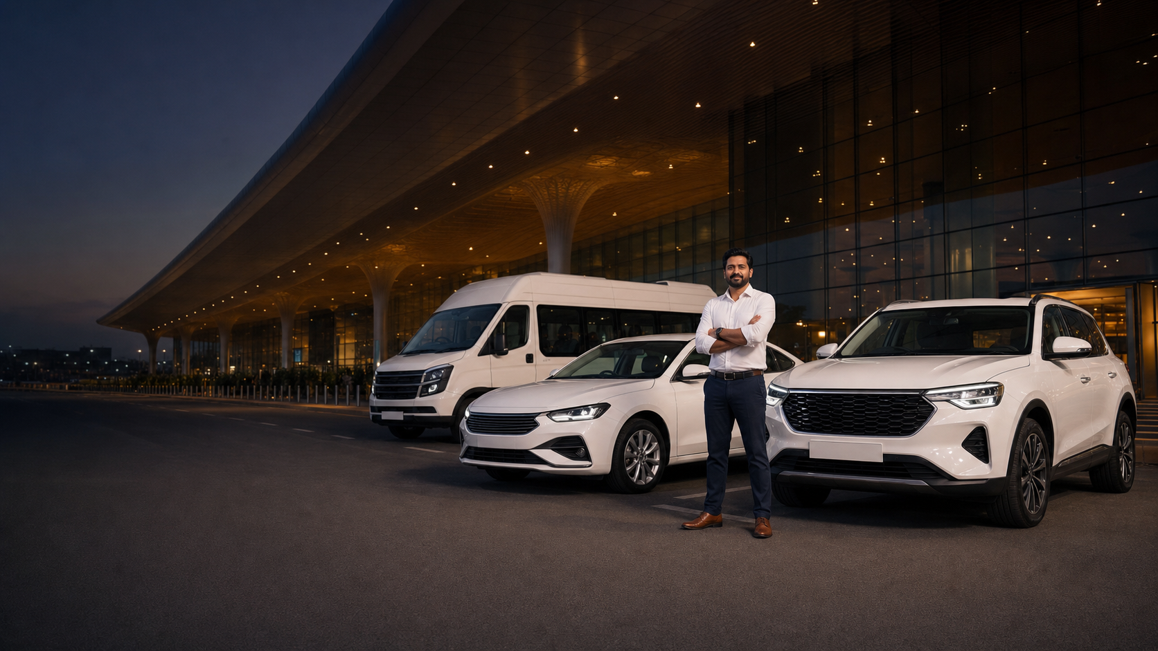 Sedan, SUV, and traveller waiting outside an airport at night